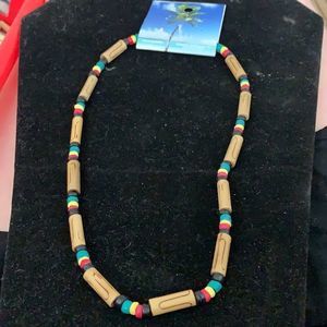 Red-yellow-green brown bead twist clasp necklace